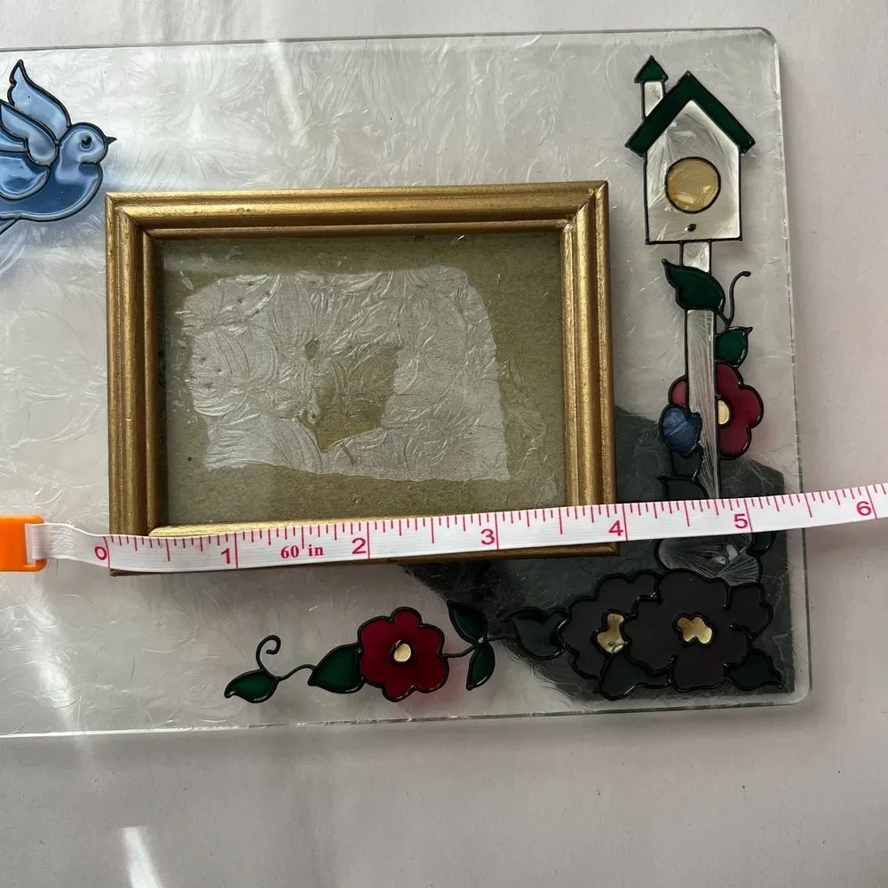 Decorative Glass Photo Frame with Bird & Floral Design, Gold-Trimmed, 4x6 inches